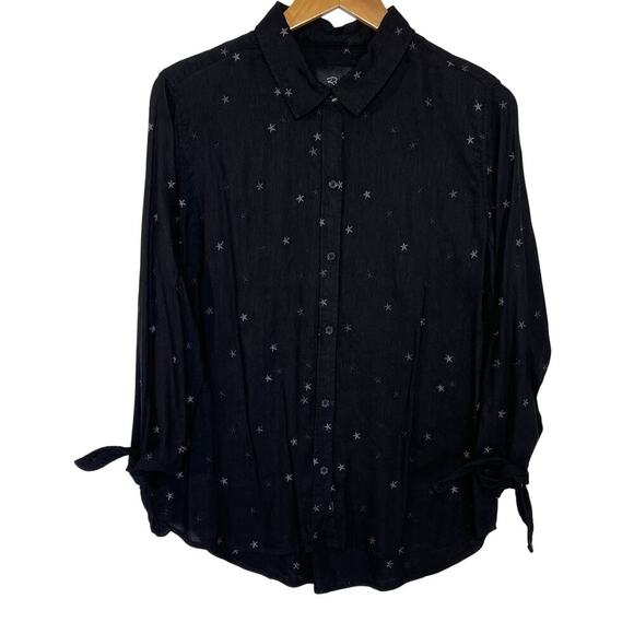 RAILS Women’s Black Star Embroidered Tie Cuff Button Up Blouse large - Picture 2 of 5